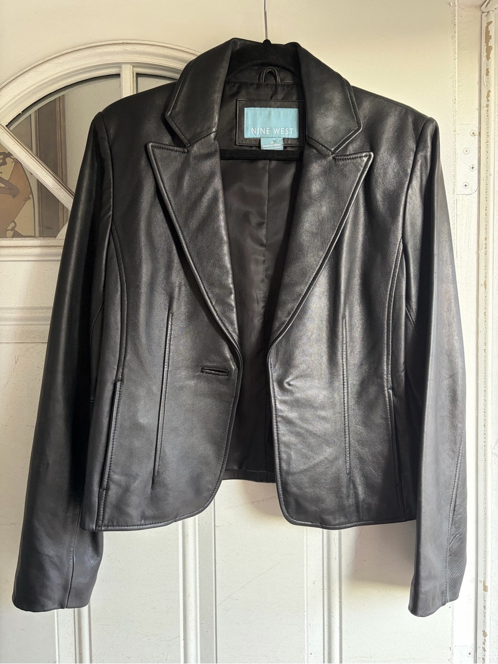 Nine West Black Genuine Leather Tailored Blazer Jacket